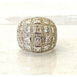 Sterling Silver Cubic Zirconia Domed Bombe Ring Statement Sz 7.5 Cocktail 13 Grs